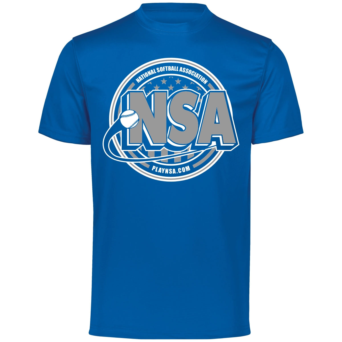 The DSG Apparel National Softball Association NSA Crest Dry Fit Short Sleeve Shirt features a blue design with the NSA logo, softball graphic, and PLAYNSA.COM in a circular front print, made with DRI-GEAR tech for superior moisture management.