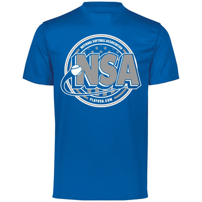 The DSG Apparel National Softball Association NSA Crest Dry Fit Short Sleeve Shirt features a blue design with the NSA logo, softball graphic, and PLAYNSA.COM in a circular front print, made with DRI-GEAR tech for superior moisture management.