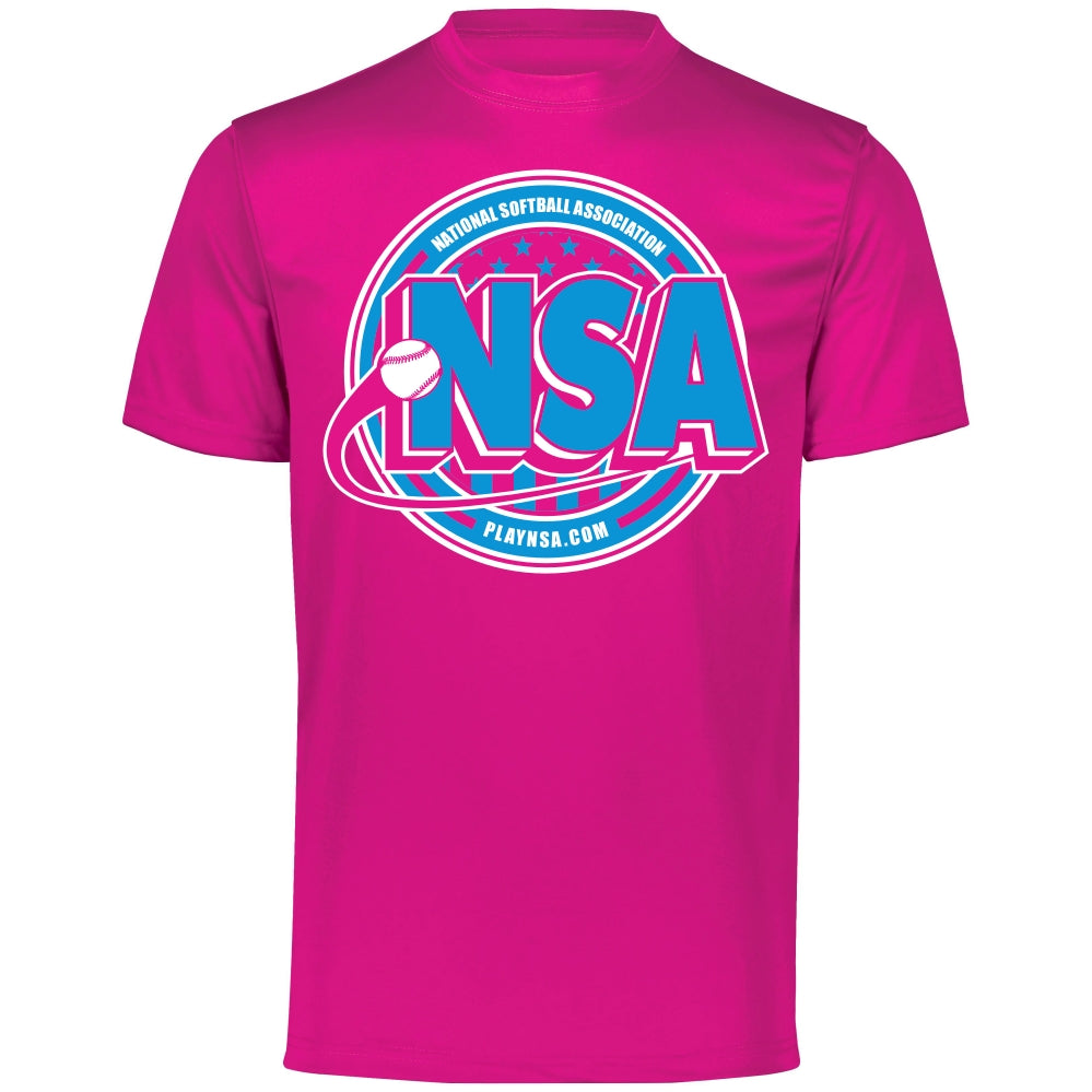 The DSG Apparel National Softball Association NSA Crest Dry Fit Short Sleeve Shirt features a bright pink design with a blue and white NSA logo, softball graphic, and PLAYNSA.COM on the front. Made with DRI-GEAR for moisture management and comfort.
