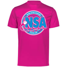 The DSG Apparel National Softball Association NSA Crest Dry Fit Short Sleeve Shirt features a bright pink design with a blue and white NSA logo, softball graphic, and PLAYNSA.COM on the front. Made with DRI-GEAR for moisture management and comfort.