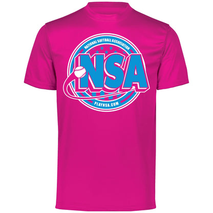 The DSG Apparel National Softball Association NSA Crest Dry Fit Short Sleeve Shirt features a bright pink design with a blue and white NSA logo, softball graphic, and PLAYNSA.COM on the front. Made with DRI-GEAR for moisture management and comfort.