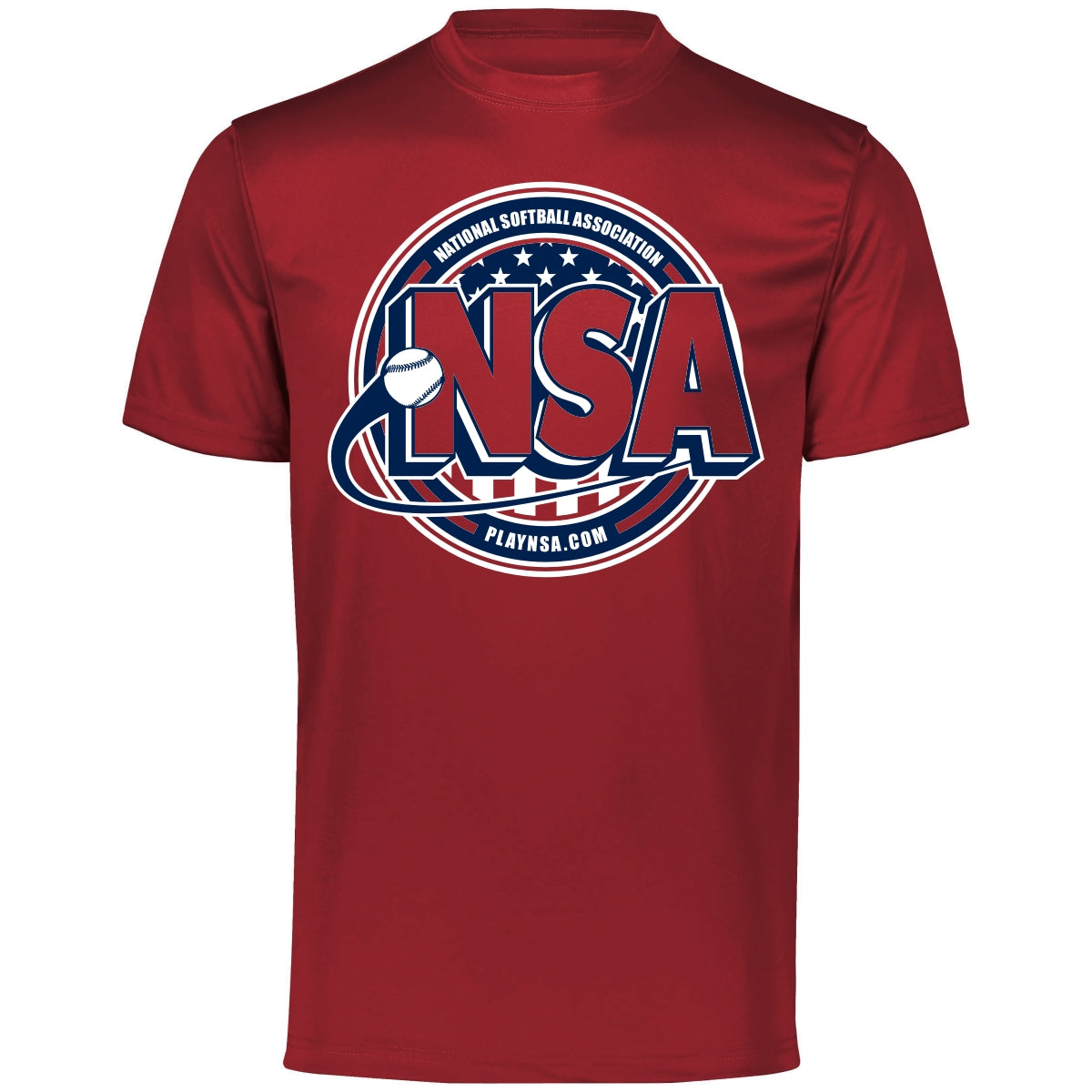 The DSG Apparel National Softball Association NSA Crest Dry Fit Short Sleeve Shirt features a large NSA logo, softball graphic, and playnsa.com in patriotic colors on the front. Moisture-wicking design ensures all-day comfort.