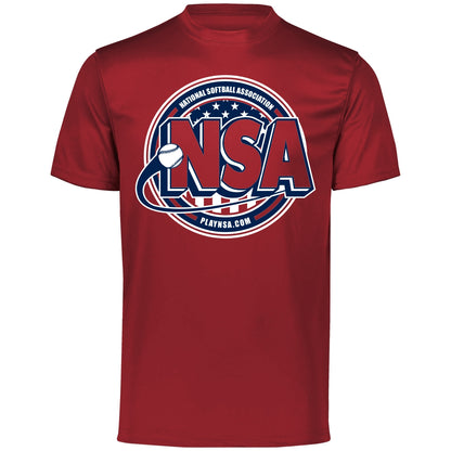 The DSG Apparel National Softball Association NSA Crest Dry Fit Short Sleeve Shirt features a large NSA logo, softball graphic, and playnsa.com in patriotic colors on the front. Moisture-wicking design ensures all-day comfort.