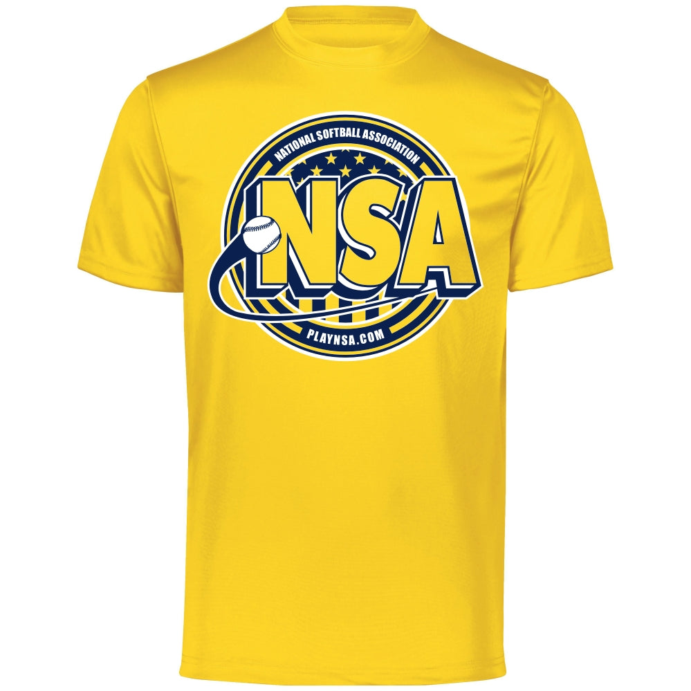 The DSG Apparel National Softball Association NSA Crest Dry Fit Short Sleeve Shirt is a yellow top featuring the NSA logo and DRI-GEAR tech for advanced moisture-wicking comfort.