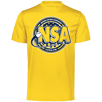 The DSG Apparel National Softball Association NSA Crest Dry Fit Short Sleeve Shirt is a yellow top featuring the NSA logo and DRI-GEAR tech for advanced moisture-wicking comfort.