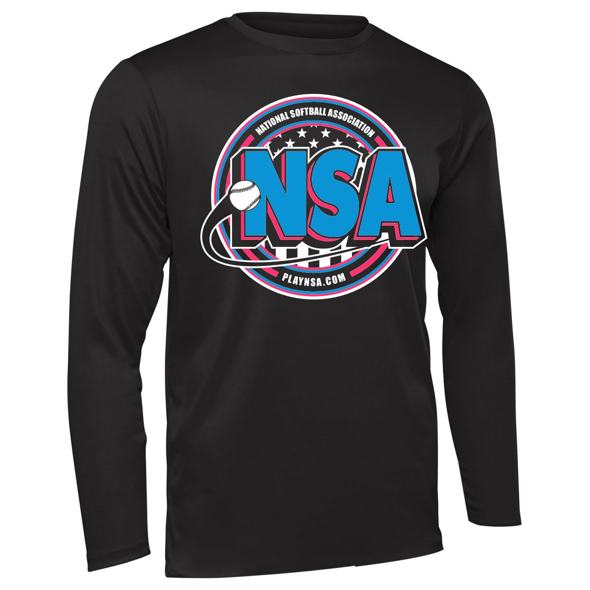 The DSG Apparel National Softball Association NSA Crest Dry Fit Long Sleeve Shirt features DRI-GEAR technology, a bold NSA logo with a softball, and PLAYNSA.COM on the front for cool, comfortable performance.
