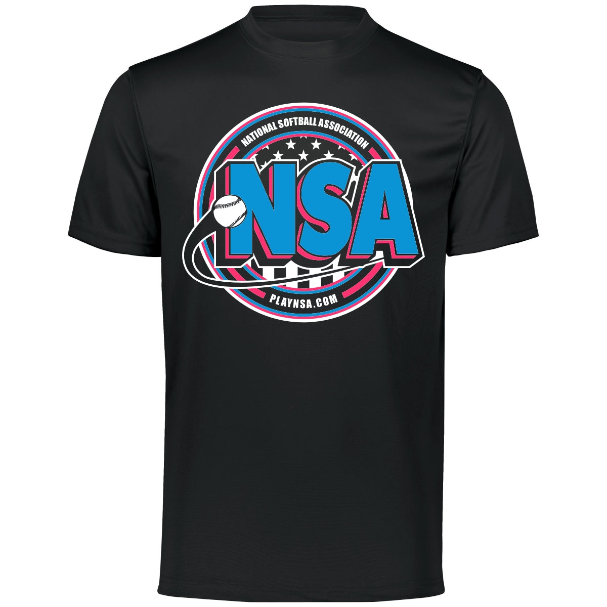 The DSG Apparel National Softball Association NSA Crest Dry Fit Short Sleeve Shirt features moisture-wicking fabric and a large circular NSA logo with a softball, "National Softball Association," and playnsa.com on the front.