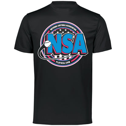 The DSG Apparel National Softball Association NSA Crest Dry Fit Short Sleeve Shirt features moisture-wicking fabric and a large circular NSA logo with a softball, "National Softball Association," and playnsa.com on the front.