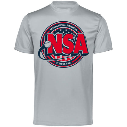 The DSG Apparel National Softball Association NSA Crest Dry Fit Short Sleeve Shirt is a grey moisture-wicking tee with red and blue text, featuring DRI-GEAR tech for comfort.