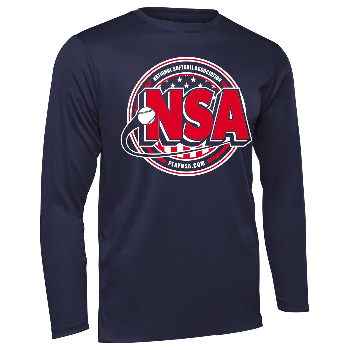 The DSG Apparel National Softball Association (NSA) Crest Dry Fit Long Sleeve Shirt features moisture-wicking DRI-GEAR technology and displays the red and white NSA logo on blue fabric.