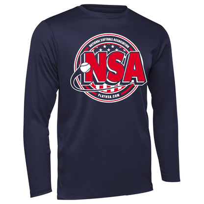 The DSG Apparel National Softball Association (NSA) Crest Dry Fit Long Sleeve Shirt features moisture-wicking DRI-GEAR technology and displays the red and white NSA logo on blue fabric.