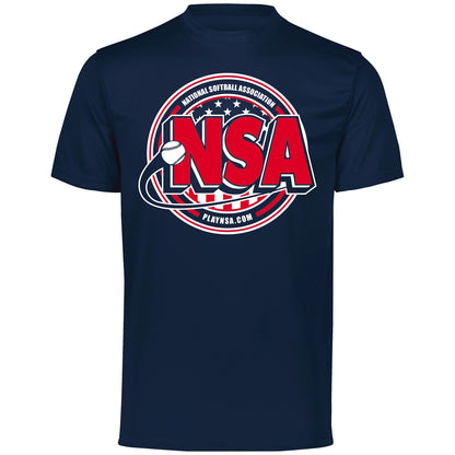 The DSG Apparel National Softball Association (NSA) Crest Dry Fit Short Sleeve Shirt offers moisture management and DRI-GEAR comfort, featuring a blue design with a red and white logo—ideal for NSA softball players.