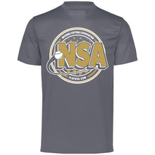 The DSG Apparel National Softball Association NSA Crest Dry Fit Short Sleeve Shirt features a gray design with a large gold and white NSA logo, softball graphic, PLAYNSA.COM on the front, and moisture-wicking DRI-GEAR for all-day comfort.