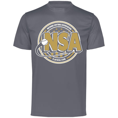 The DSG Apparel National Softball Association NSA Crest Dry Fit Short Sleeve Shirt features a gray design with a large gold and white NSA logo, softball graphic, PLAYNSA.COM on the front, and moisture-wicking DRI-GEAR for all-day comfort.