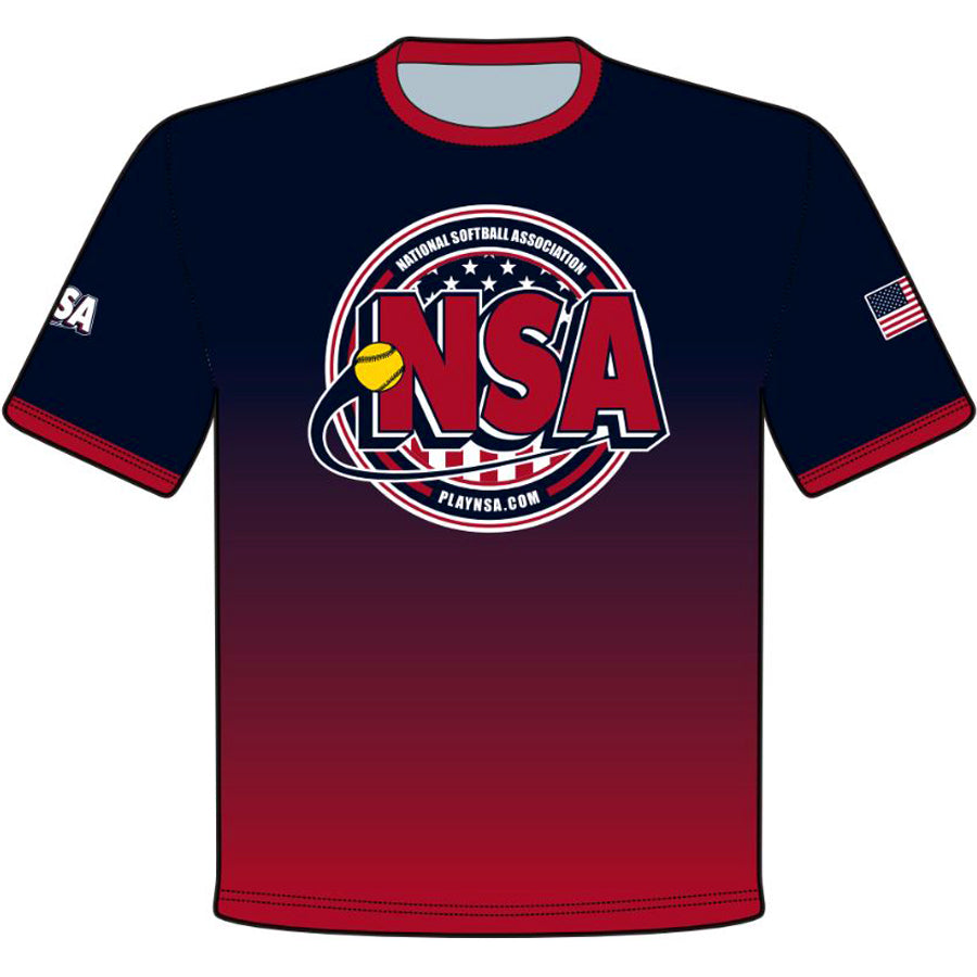 The DSG Apparel National Softball Association NSA Fade Sublimated Short Sleeve Shirt features a navy and red patriotic gradient, a yellow softball with NSA, National Softball Association text, and an American flag patch on the right sleeve. Moisture-wicking fabric.