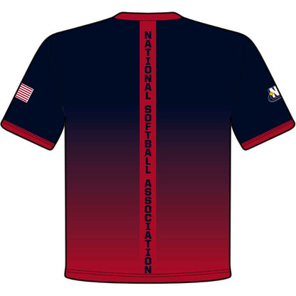 A back view of the DSG Apparel National Softball Association NSA Fade Sublimated Short Sleeve Shirt, designed with moisture-wicking fabric—perfect for displaying team spirit on the field.