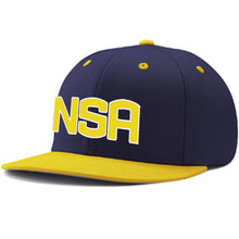 The Champro Sports NSA Classic Series Snapback Hat (HC4) features a navy blue design with a yellow brim and accents, plus a bold 3D “NSA” logo in yellow and white on the front for the National Softball Association.