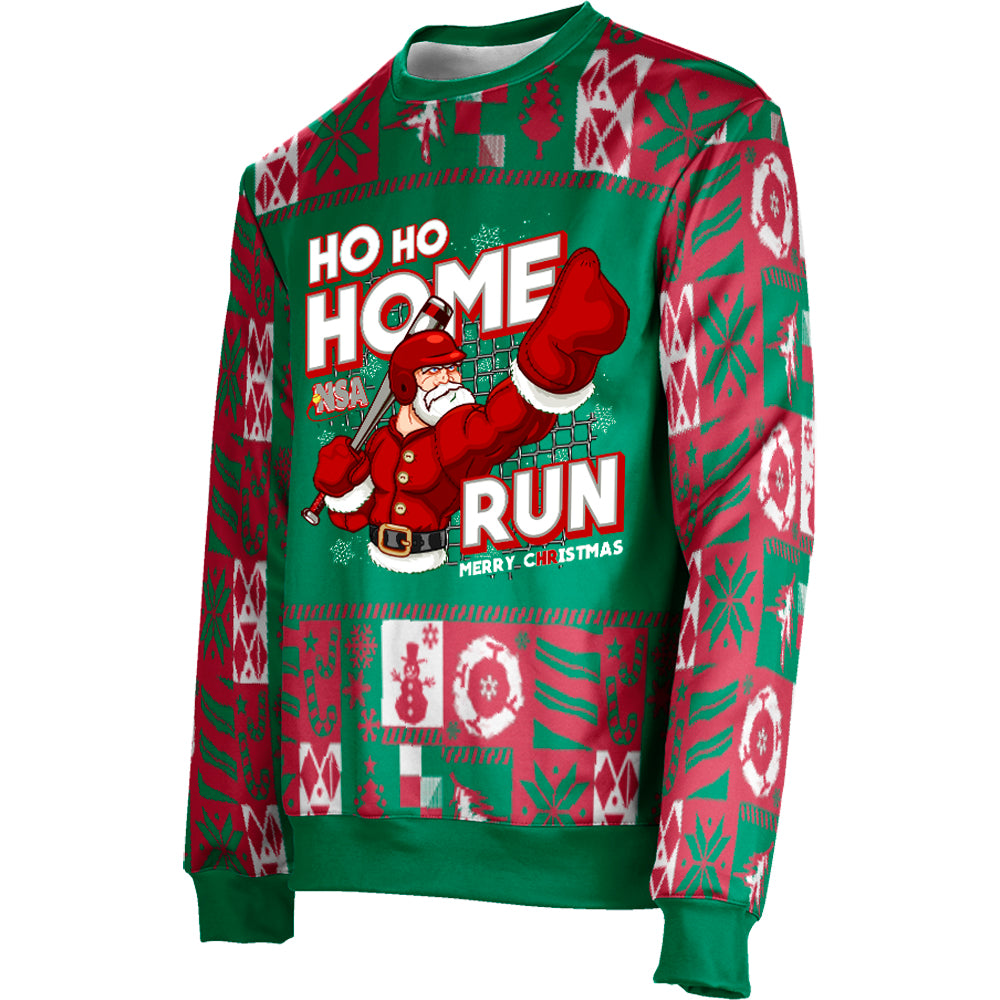 The DSG Apparel NSA Ho Ho Home Run Sublimated Ugly Sweater features a cartoon Santa swinging a baseball bat and "Ho Ho Home Run Merry Christmas" text on a red, green, and white festive pattern.