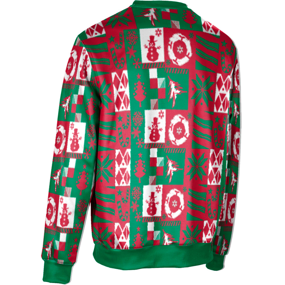 The NSA Ho Ho Home Run Sublimated Ugly Sweater by DSG Apparel features a festive red, green, and white patchwork with snowmen, snowflakes, Christmas trees, geometric shapes, and green cuffs, waistband, and collar.