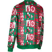 The NSA Ho Ho Home Run Sublimated Ugly Sweater by DSG Apparel features a festive red, green, and white patchwork with snowmen, snowflakes, Christmas trees, geometric shapes, and green cuffs, waistband, and collar.
