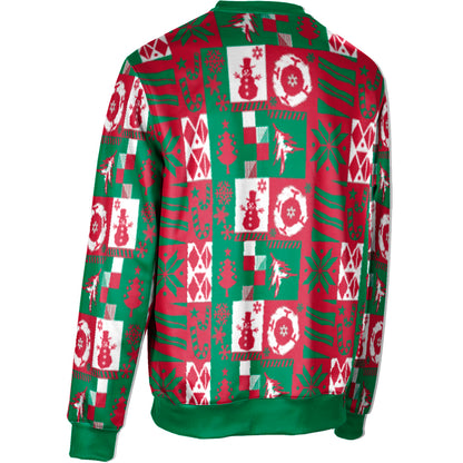 The NSA Ho Ho Home Run Sublimated Ugly Sweater by DSG Apparel features a festive red, green, and white patchwork with snowmen, snowflakes, Christmas trees, geometric shapes, and green cuffs, waistband, and collar.
