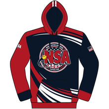 The DSG Apparel National Softball Association NSA USA Sublimated Hoodie showcases red, navy, and white colors with a yellow softball and NSA on the front, an American flag sleeve patch, and dynamic curved stripes for a bold patriotic look.