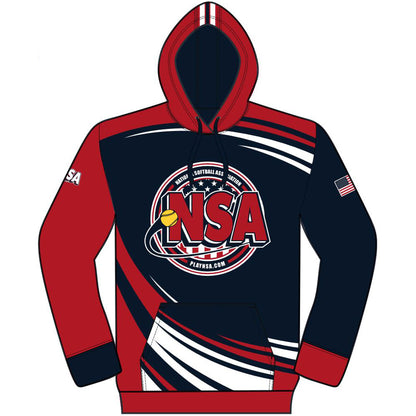 The DSG Apparel National Softball Association NSA USA Sublimated Hoodie showcases red, navy, and white colors with a yellow softball and NSA on the front, an American flag sleeve patch, and dynamic curved stripes for a bold patriotic look.