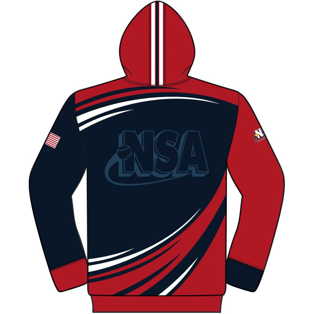 The DSG Apparel National Softball Association NSA USA Sublimated Hoodie boasts a navy back with a bold NSA logo, red hood, sleeves, and sides, plus patriotic American flag and NSA patches. White and red stripes complete this moisture-wicking look.