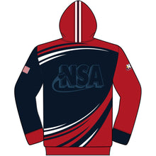 The DSG Apparel National Softball Association NSA USA Sublimated Hoodie boasts a navy back with a bold NSA logo, red hood, sleeves, and sides, plus patriotic American flag and NSA patches. White and red stripes complete this moisture-wicking look.