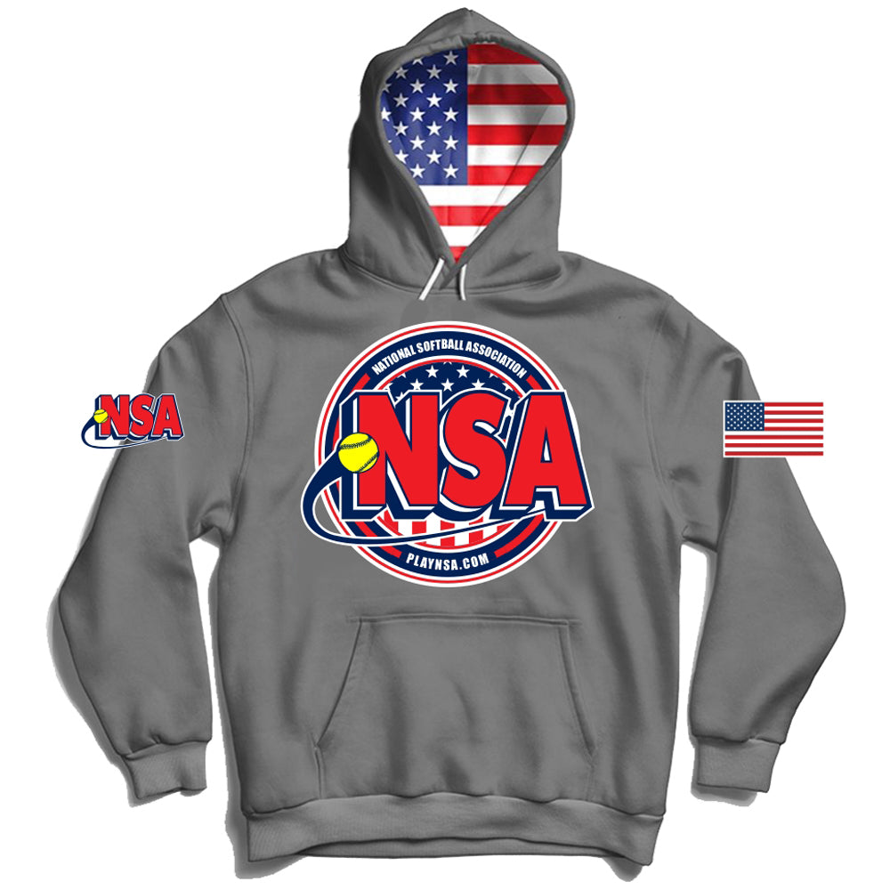 The DSG Apparel National Softball Association NSA USA Flag Graphite Hoodie features moisture-wicking fabric, a bold front NSA logo with softball, patriotic flag hood lining, and sublimated flag and NSA sleeve logos.