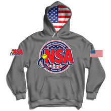 The DSG Apparel National Softball Association NSA USA Flag Graphite Hoodie features moisture-wicking fabric, a bold front NSA logo with softball, patriotic flag hood lining, and sublimated flag and NSA sleeve logos.