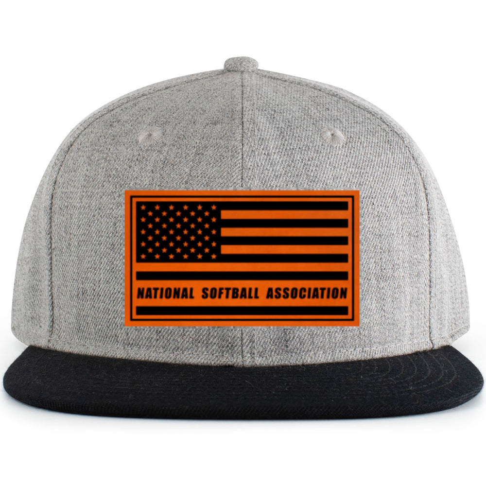 The Pacific Headwear NSA Leather Patch Wool Blend Heather Snapback Hat (P750-LTHRBK) is gray with a black brim and features an orange and black leather patch flag logo reading National Softball Association on the front.