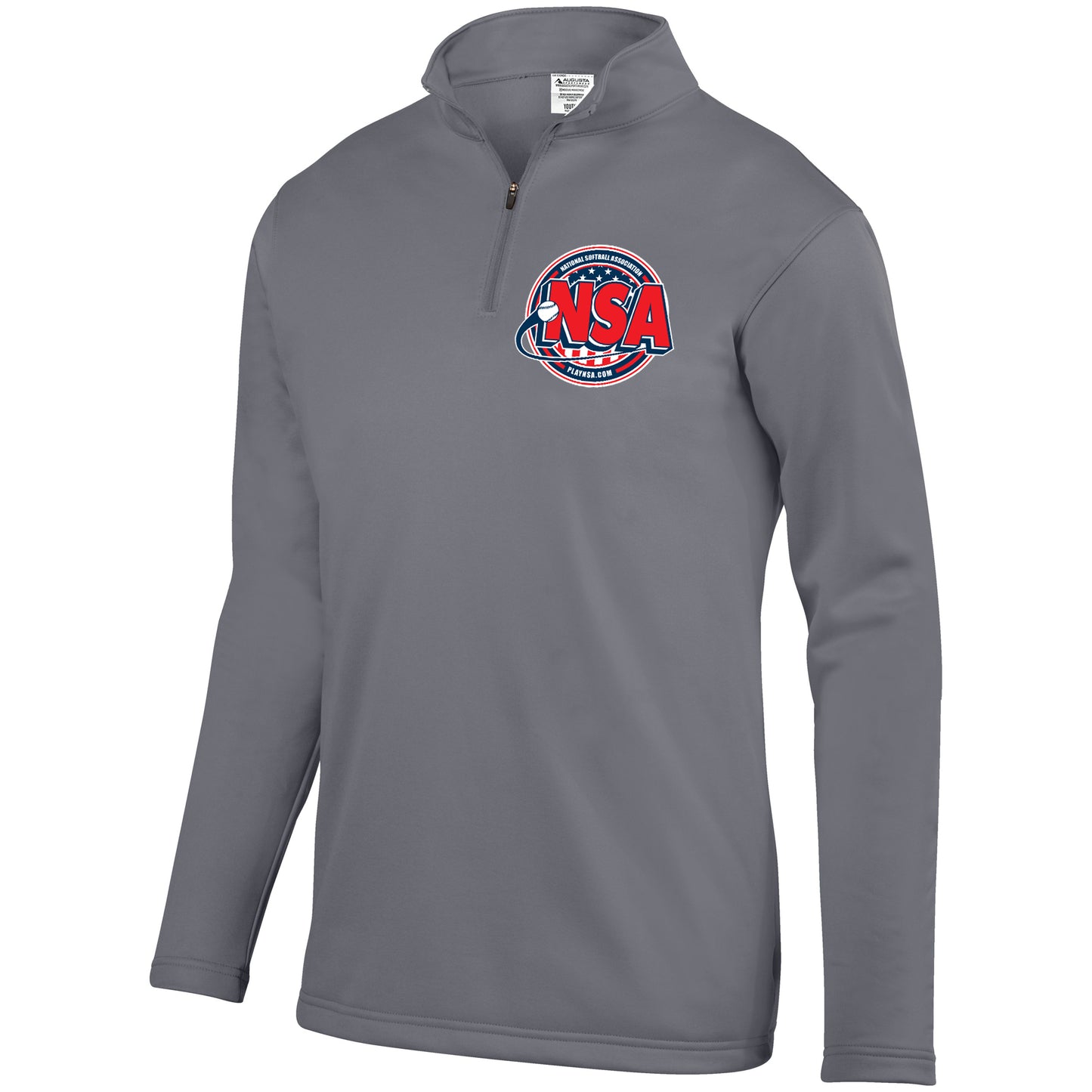 The DSG Apparel National Softball Association NSA USA Fleece Pullover is a gray 1/4 zip featuring performance wicking fleece and a red, white, and blue NSA logo with star and baseball stitching on the left chest.