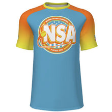 The DSG Apparel National Softball Association NSA Sunshine Sublimated Short Sleeve Shirt features moisture-wicking fabric, a blue torso, orange shoulders, yellow sleeves, full dye sublimation, and a large NSA logo with National Softball Association and playnsa.com.