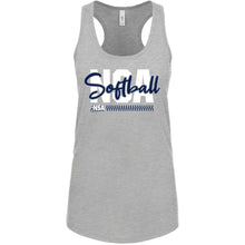 The DSG Apparel National Softball Association NSA Softball Script Racerback Tank Top is a light gray women's tank featuring USA Softball in bold white and navy script with a softball stitching graphic—perfect for NSA fans.