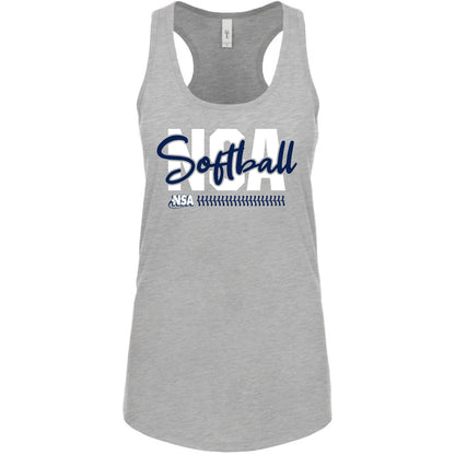 The DSG Apparel National Softball Association NSA Softball Script Racerback Tank Top is a light gray women's tank featuring USA Softball in bold white and navy script with a softball stitching graphic—perfect for NSA fans.
