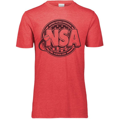 The DSG Apparel National Softball Association NSA Tone Tri Blend Short Sleeve Shirt features a large black NSA logo with a softball and text above, plus PLAYNSA.COM below in a circular red tri-blend design—perfect for softball fans.