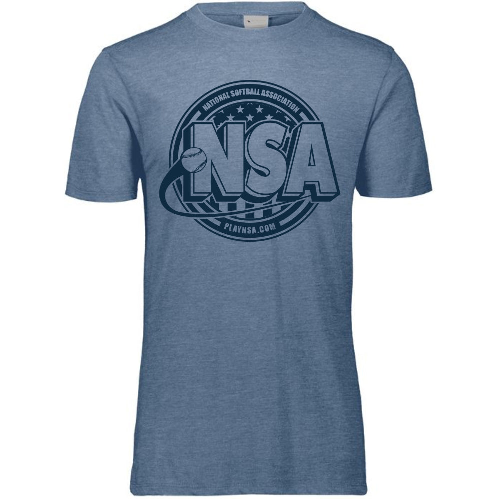 The DSG Apparel National Softball Association NSA Tone Tri Blend Short Sleeve Shirt showcases a large NSA logo with a softball graphic, "National Softball Association" above, and "PLAYSNA.COM" below—ideal for any fan.