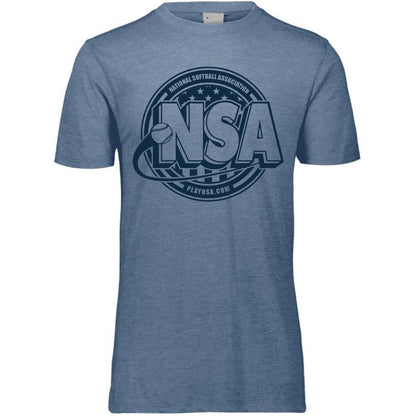 The DSG Apparel National Softball Association NSA Tone Tri Blend Short Sleeve Shirt showcases a large NSA logo with a softball graphic, "National Softball Association" above, and "PLAYSNA.COM" below—ideal for any fan.