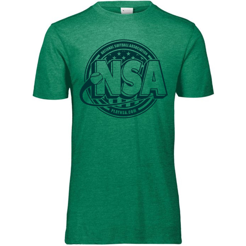 The DSG Apparel National Softball Association NSA Tone Tri Blend Short Sleeve Shirt is a green tee with a stylish logo, ideal for NSA fans.