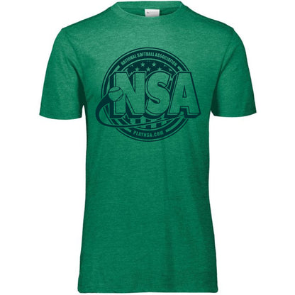 The DSG Apparel National Softball Association NSA Tone Tri Blend Short Sleeve Shirt is a green tee with a stylish logo, ideal for NSA fans.