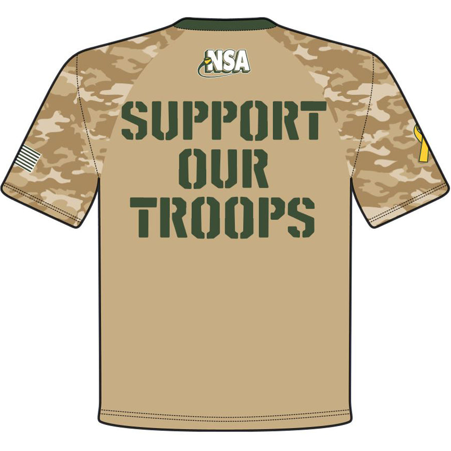 The DSG Apparel National Softball Association NSA Support Our Troops sublimated short sleeve shirt features tan camo, moisture-wicking fabric, green SUPPORT OUR TROOPS back print, NSA logo at neck, US flag on one sleeve, and yellow ribbon on the other.
