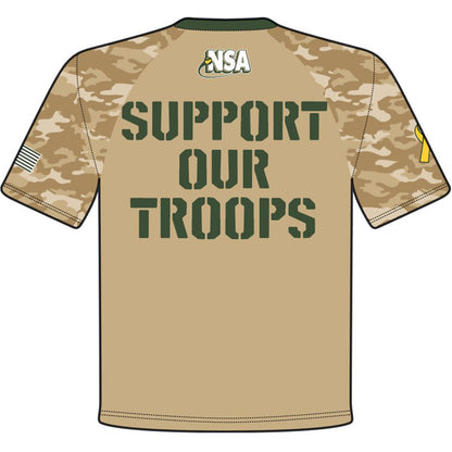 The DSG Apparel National Softball Association NSA Support Our Troops sublimated short sleeve shirt features tan camo, moisture-wicking fabric, green SUPPORT OUR TROOPS back print, NSA logo at neck, US flag on one sleeve, and yellow ribbon on the other.