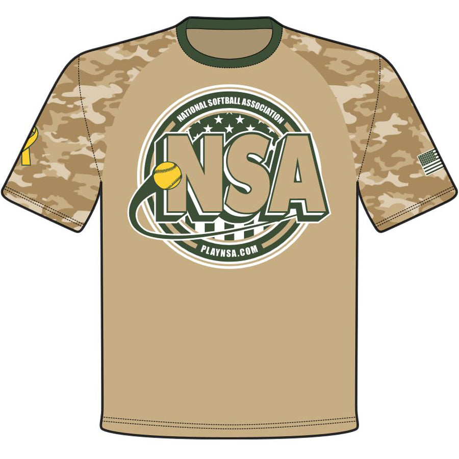The DSG Apparel National Softball Association NSA Support Our Troops Sublimated Short Sleeve Shirt features tan and camouflage, a yellow softball, moisture-wicking fabric, and PLAYNSA.COM below the logo—all in vibrant full dye sublimation.