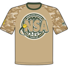 The DSG Apparel National Softball Association NSA Support Our Troops Sublimated Short Sleeve Shirt features tan and camouflage, a yellow softball, moisture-wicking fabric, and PLAYNSA.COM below the logo—all in vibrant full dye sublimation.