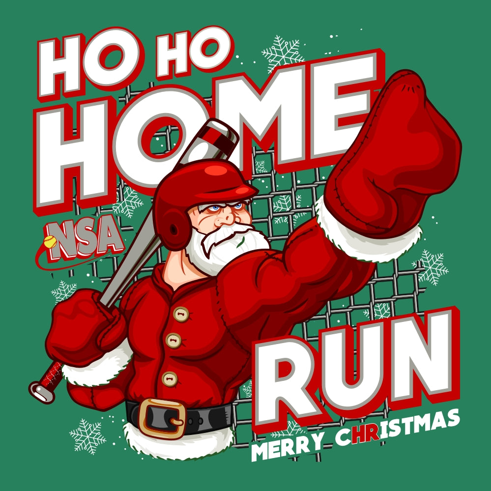 The NSA Ho Ho Home Run Sublimated Ugly Sweater by DSG Apparel features Santa in a red baseball uniform holding a bat, with "Ho Ho Home Run," "National Softball Association," and "Merry Christmas" on a green, snowflake-patterned background.