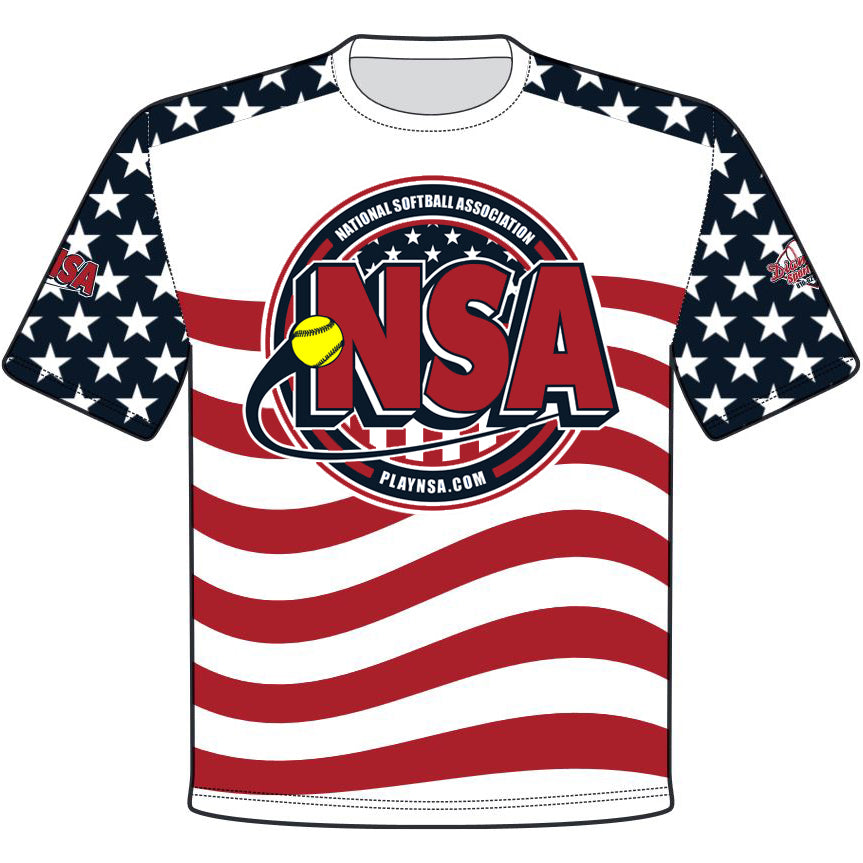 The DSG Apparel National Softball Association NSA Flag Sublimated Short Sleeve Shirt features the NSA logo over a yellow softball and PLAYNSA.COM, with vivid colors from full dye sublimation and moisture-wicking fabric for cool comfort.