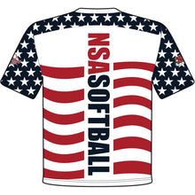 The DSG Apparel National Softball Association NSA Flag Sublimated Short Sleeve Shirt showcases bold red "NSA SOFTBALL" text, patriotic stars and stripes on navy, and full dye-sublimation with moisture-wicking fabric for vibrant color and comfort.
