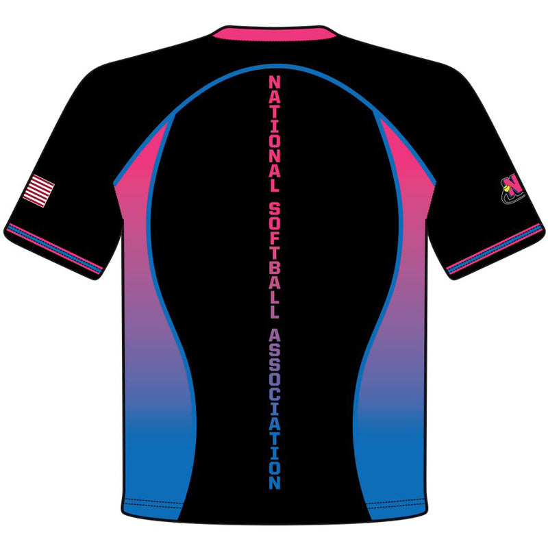 The DSG Apparel National Softball Association NSA VICE Sublimated Short Sleeve Shirt displays blue and pink gradients and vertical “National Softball Association” text on the back. Moisture-wicking fabric, plus an American flag and logo on the sleeves, complete the design.