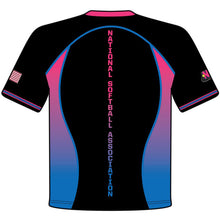 The DSG Apparel National Softball Association NSA VICE Sublimated Short Sleeve Shirt displays blue and pink gradients and vertical “National Softball Association” text on the back. Moisture-wicking fabric, plus an American flag and logo on the sleeves, complete the design.